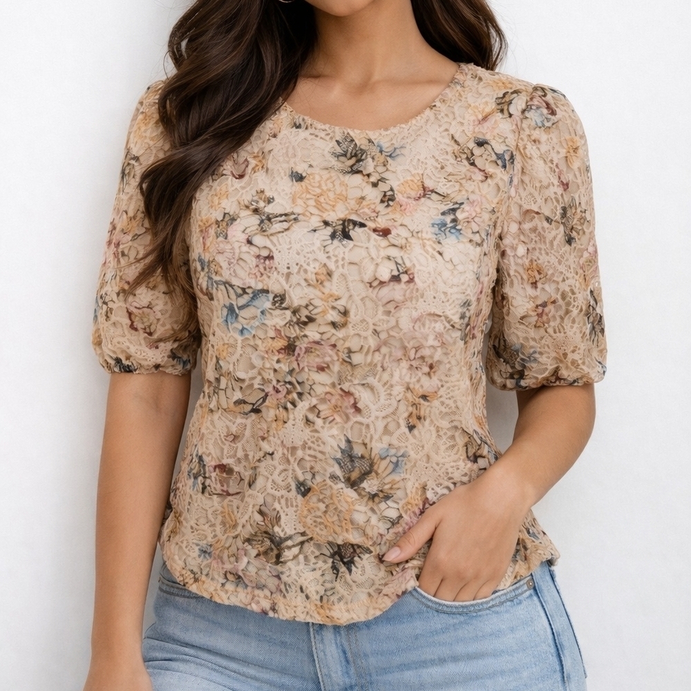 NANETTE LEPORE Romantic Floral Lace Puff Short Sleeve Coquette Top - Picture 1 of 9